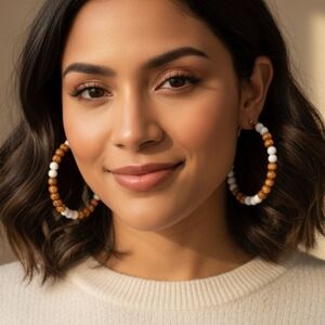 Large Hoop Earrings with Wooden Beads, Large Hoop Earrings 6.5 Cm